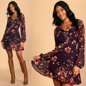 NWT Lulus Always Yours Plum Purple Floral Print Long Sleeve Skater Dress 💗